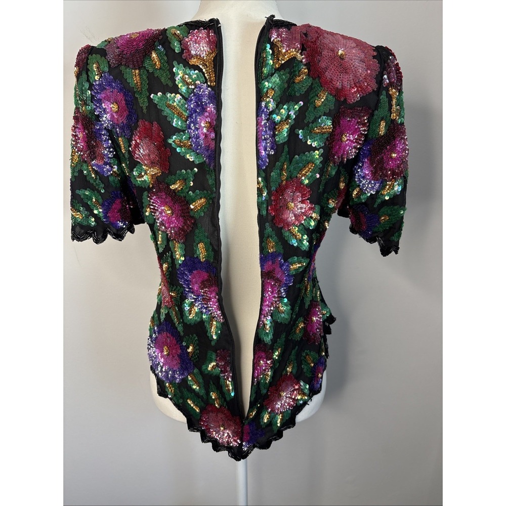 Vtg 90s Laurence Kazar Floral Sequin Blouse Size Medium Maximalist Cocktail - Picture 10 of 15